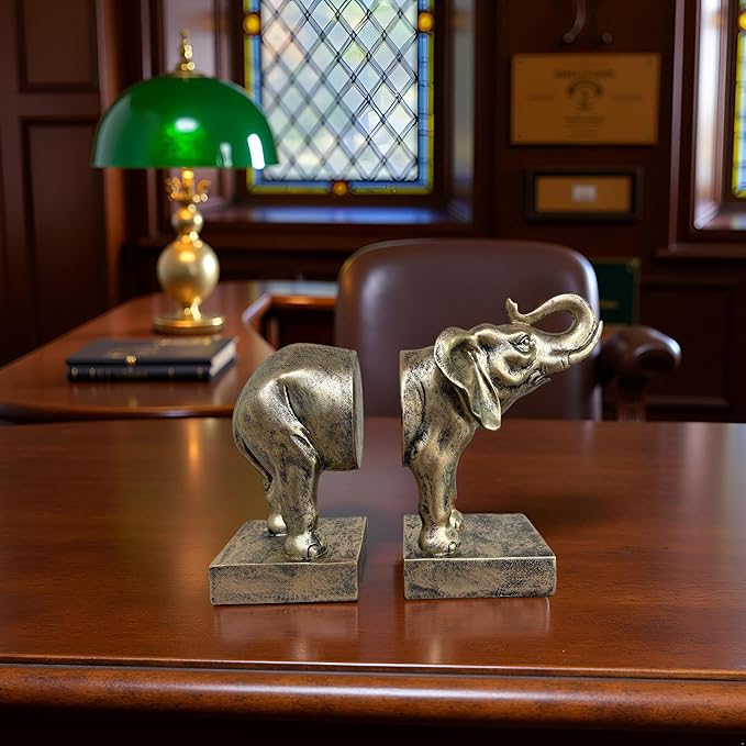 Elephant Bookends Set of 2 – Vintage Resin Animal Sculpture Book Stoppers, Heavy Duty Decorative Book Ends for Home Office Bookshelf