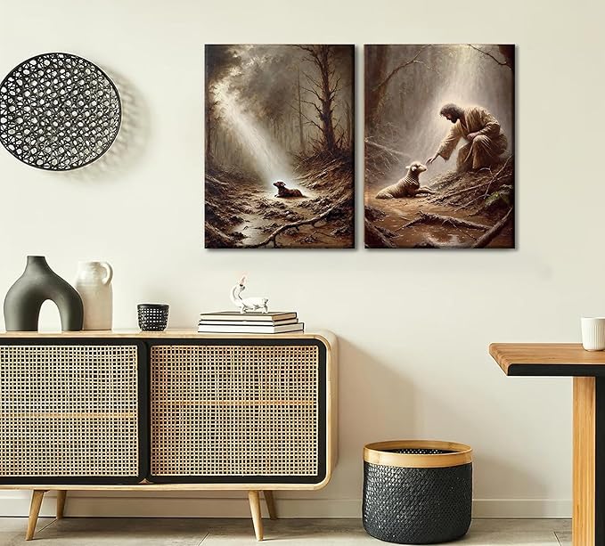 2Pcs Jesus and Lamb Wall Art The Good Shepherd Wall Decor Religious Christian Canvas Painting Jesus Saves the Lost Sheep Poster Prints for Church Bedroom Living Room Home Decoration 12"x16"