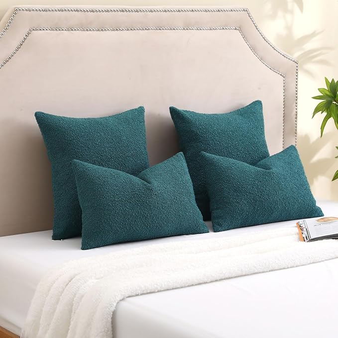 FUTEI Pack of 2 Teal Green Decorative Throw Pillow Covers 24x24 Inch Soft Cozy Solid Boucle Textured European Cushion Case,Modern Home Decor for Couch Bed Living Room