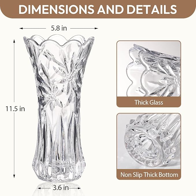 JASVIC 12 Inch Crystal Vases for Flowers, Orchid Textured Glass Flower Vase, Elegant Modern Decorative Vase for Living Room Dining Table Office Centerpiece, Wedding