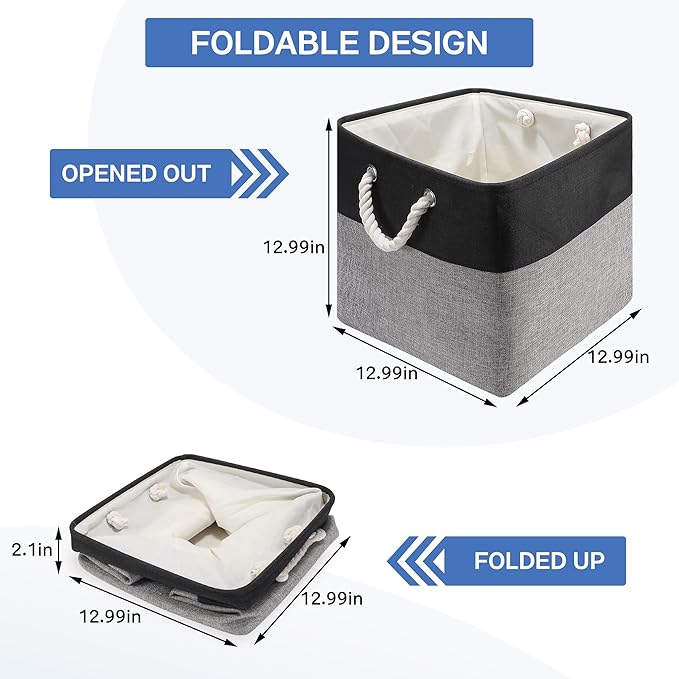 Collapsible Storage Bins, 4 Pack 13 x 13 Inch Fabric Cube Baskets with Cotton Rope Handles for Organizing Clothes, Toys, Books, Office, Closet – Foldable Storage Baskets for Home (Black Gray)