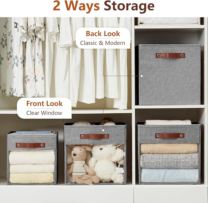 Storage Cubes Storage Organizer with Clear Window, Linen Collapsible Storage Bins with PU Handles, Cube Storage Basket for Shelves, Closet, Cabinet, Bookcase (13x13x13, Gray)