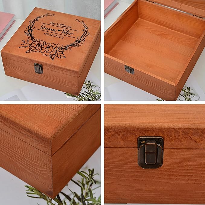 Personalized Wedding Keepsake Box Custom Name Date, Wooden Memory Box Wedding Gift Box for Couples Newlyweds - Customized Gifts for Bridal Shower Anniversary Engagement Christmas