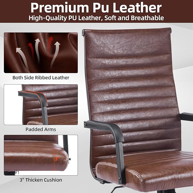Haranuo Office Chair, Ergonomic Executive Conference Room Chairs, Ribbed Leather Desk Chair with Lumbar Support, Adjustable Height Mid-Back Swivel Chair with Padded Seat and Square Tube Armrests