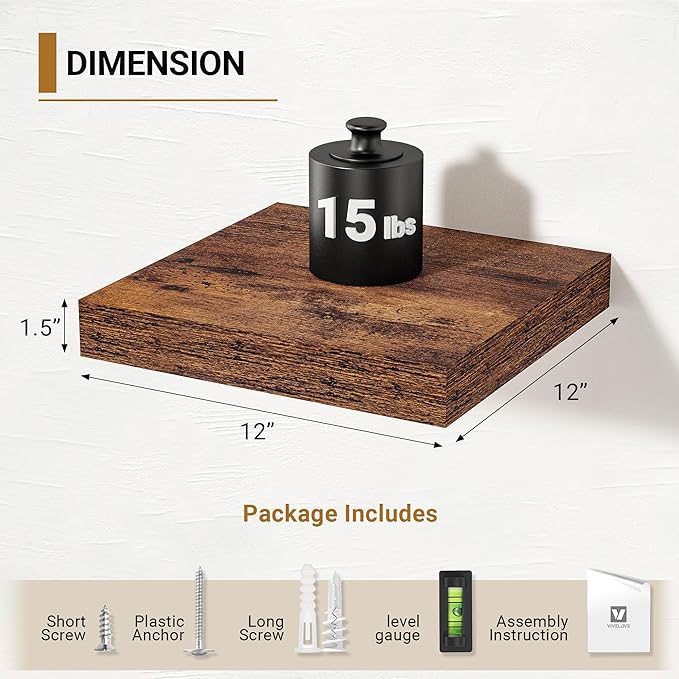 Vivelove 12" Deep Floating Shelves for Wall, [Wood Grain Texture] 12" Long Wall Shelves for Living Room Bedroom Bathroom Kitchen Office, Farmhouse Rustic Shelves Home Decor, Set of 2, Rustic Brown
