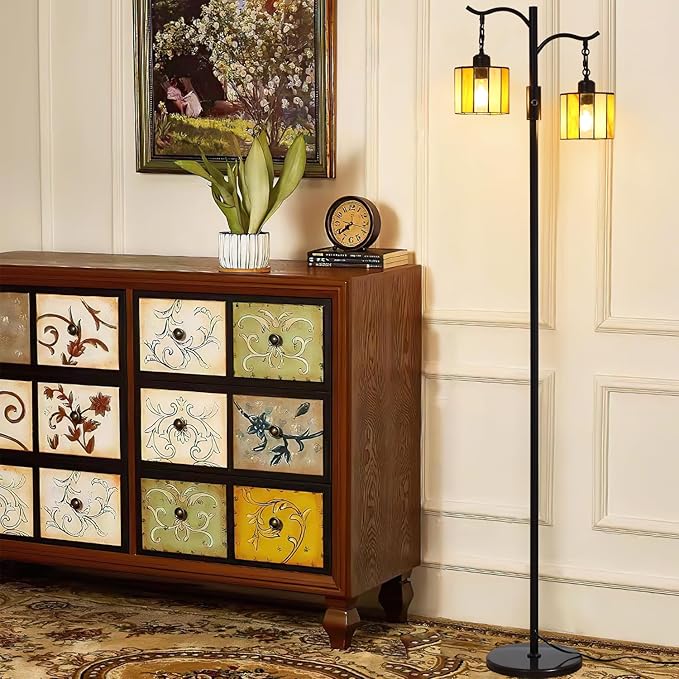 Asmymhd Vintage Dimmable Floor Lamp, Tiffany Standing Lamp with 2 Stained Glass Shades, Rustic Farmhouse Floor Lamp with Black Finish for Living Room Bedroom