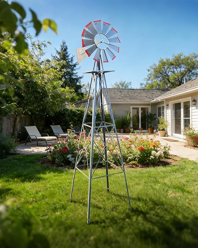 8FT Windmill for Yard Garden Decoration with Weather Vanes，Heavy Duty Outdoor Wind Mills, Large Metal Outdoor Windmill,Weather Resistant,Gray