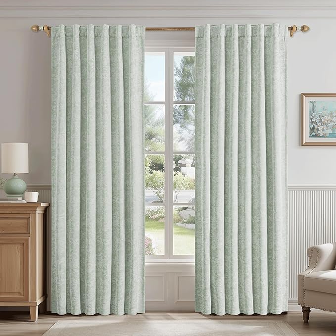 Beauoop Green Floral Jacquard Blackout Curtains 90 Inches Long 2 Panels for Bedroom Living Room Chenille Flower Room Darkening Thermal Insulated Soundproof Rod Pocket Back Tab Window Drapes 52x90