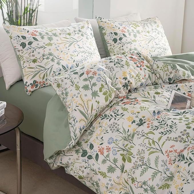 LifeTB Botanical Flower Duvet Cover Twin XL Sage Green Floral Duvet Cover 100% Cotton Wildflower Plants Pattern Floral Comforter Cover with 2 Pillowcases Girl Teen Vintage Floral Bedding Set Twin XL