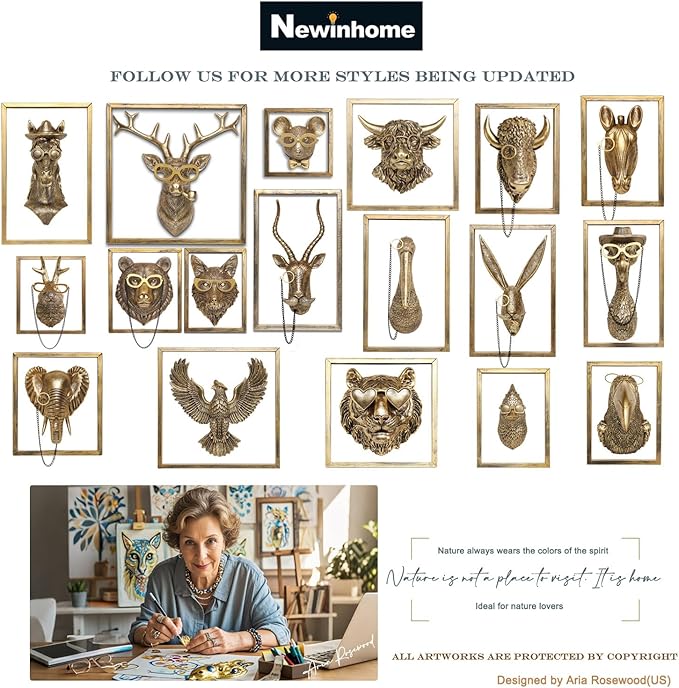 Newinhome Animal Heads Wall Decor (5pcs, Includes Metal Frame) Resin Animals Sculptures Head Wall Hanging Decoration Gold vintage Wall Sculpture for Living Room Bedroom Office