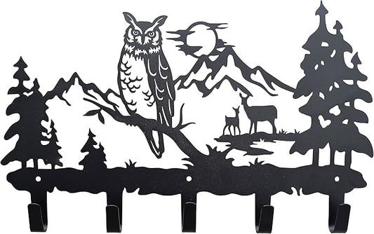 Metal Owl Hooks Wall Art Decor-Owl Hangers and Key Holder-Clothes Hat Rack and Backpack Hanger-Animal Theme Hooks Sweet Home Decor for Storage, Living Room, Hallway, Office (Black)