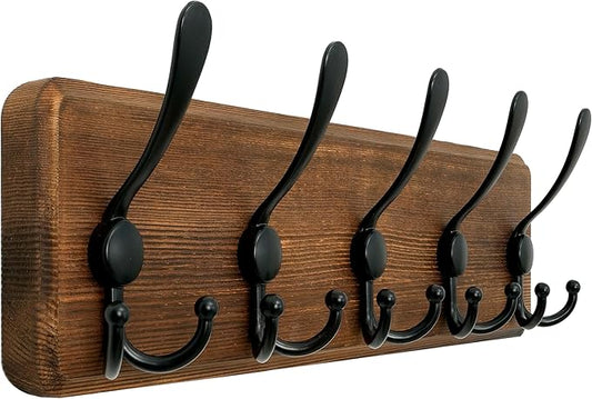 WEBI Rustic Coat Rack Wall Mount,Solid Wood Coat Hooks Wall Mounted Coat Hanger,16" Hole to Hole,Hook Rack Rail,5 Triple Hooks for Hanging Coats,Jacket,Clothes,Farmhouse,Brown