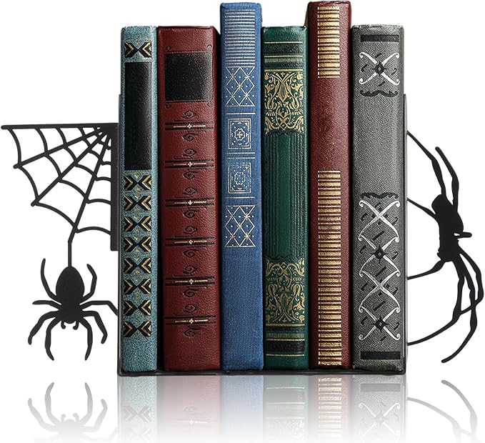 Geelin Creepy Spider Metal Bookends Set of 2 Styles Gothic Black Spider and Web Book Ends for Shelves Scary Home Office Desk Bookshelf Decor Gift for Book Lovers Reading Enthusiasts