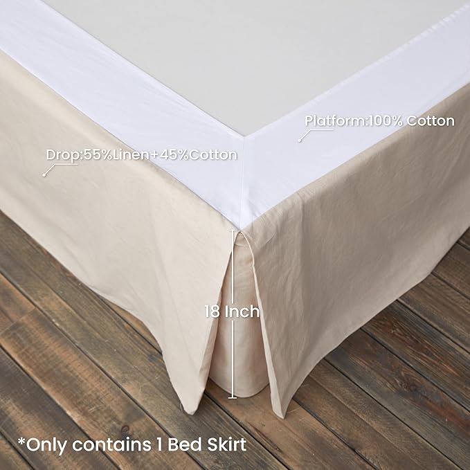BISELINA French Linen Wrap Around Bed Skirt with Pleated Corner 18-Inch Tailored Drop Natural Flax Cotton Blend Basic Soft Cozy (18" King, Linen)