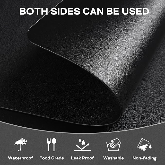 Faux Leather Placemats Set of 6, Vinyl Placemats Heat Resistant Place Mats, Waterproof Oil-Proof Wipeable Dining Table Mats and Coasters for Kitchen, Indoor, Outdoor (Black)