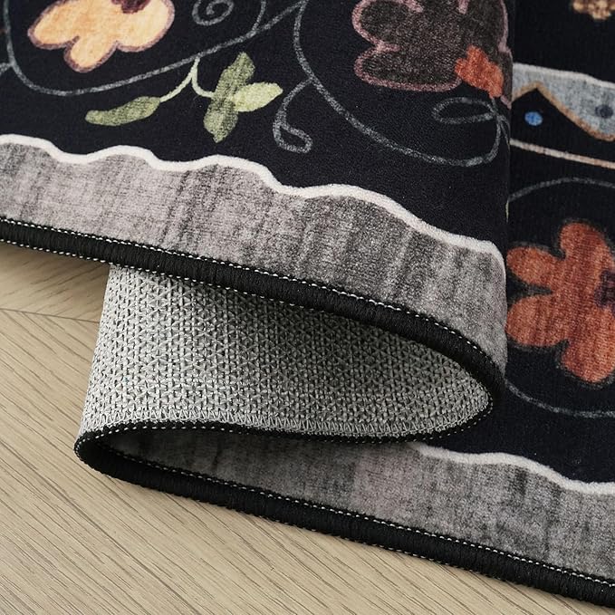 Rugcomf Runners for Kitchen Runner Rug Non Slip 2'x10' Long Washable Rugs with Rubber Backing Soft Floral Animal Cat Carpet Runner for Kitchen Laundry Bedroom Bathroom, Black