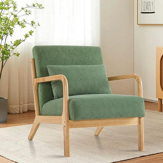 Aunekiv Accent Chair with Pillow Upholstered Mid-Century Chair Living Room Chair for Small Space Solid Wood Frame Reading Chair with Soft and Thick Cushion Armchair for Bedroom Balcony DarkGreen 1PC