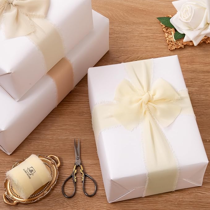 DORIS HOME Cream Chiffon Ribbon for Flower Bouquet, 2" x21Yd Fabric Ribbon for Gift Wrapping, Handmade Frayed Ribbon for Wedding, Chiffon Silk Ribbon for Christmas Decorations
