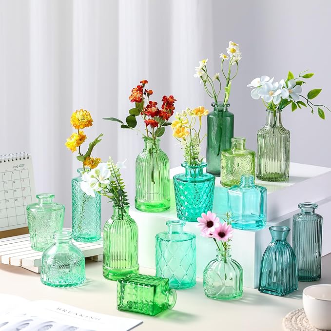 Yaomiao 30 Pcs Vases Bulk Colored Flower Glass Bud Vases Valentine Vintage Colored Glass Bottles Colorful Rustic Embossed for Home Wedding Table Decorations Gifts(Green Series)