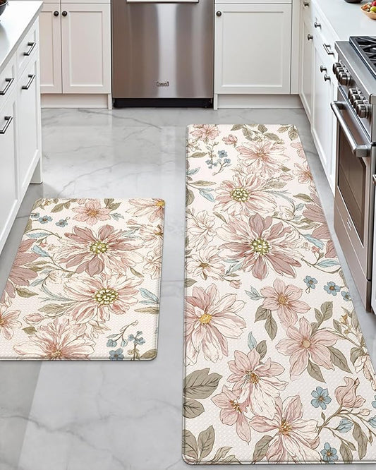 DEXI Kitchen Mats for Floor 2 Piece Set, 17x29+17x59, Cushioned Standing Mat Anti Fatigue, Waterproof Comfort Floral Padded for Laundry Room Office, Pink