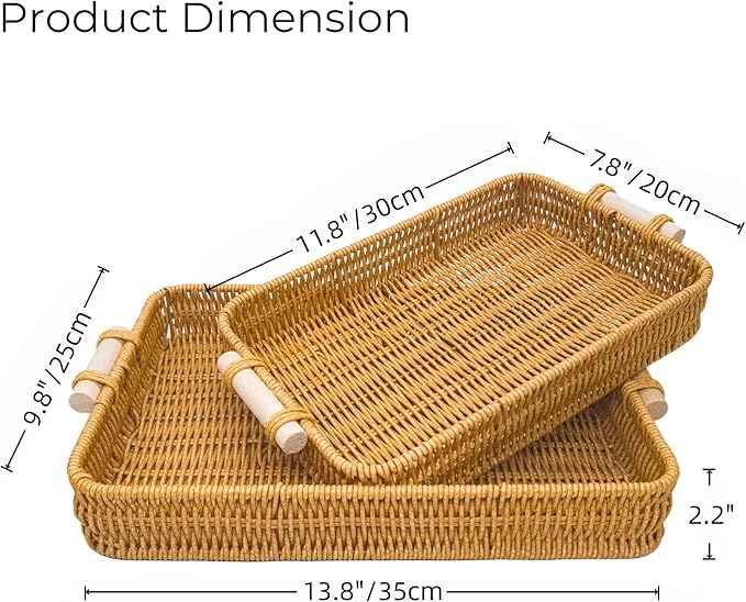 GIB PP Wicker Woven Trays with Handles, Rectangle Rattan Tray Bread Basket for Serving Food, Vegetables, Breakfast, Coffee Table Decor, Set of 2