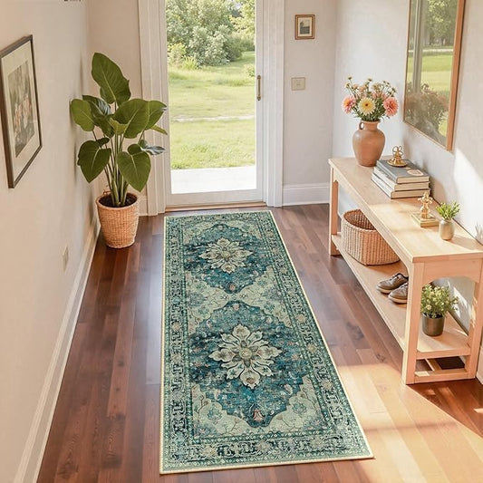 RELEANY Area Rugs 2'x6' Washable Non-Slip, Floral Vintage Distress Print Pattern Medallion Carpet for Living Room Bedroom Dining Room, Dark Blue Vintage