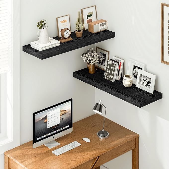 Vivelove Black Floating Shelves 35.4 Inches Wide, 12" Deep Wall Shelves for Bedroom, Bathroom, Living Room, Kitchen, Office, Rustic Home Decor Shelf with Invisible Brackets, 35.4X12X1.5, Set of 2
