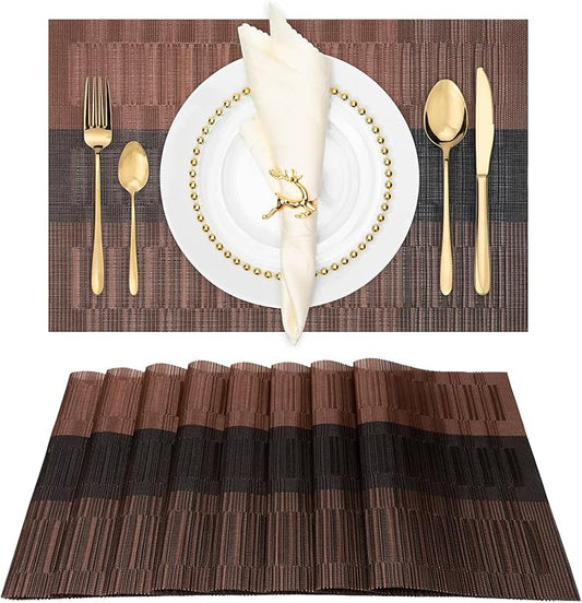 Winknowl Placemats Set of 8, Heat Resistant Non-Slip Vinyl Woven Table Mats for Dining Table, Washable Durable Elegant Place Mats for Kitchen Indoor/Outdoor Use (Coffee)