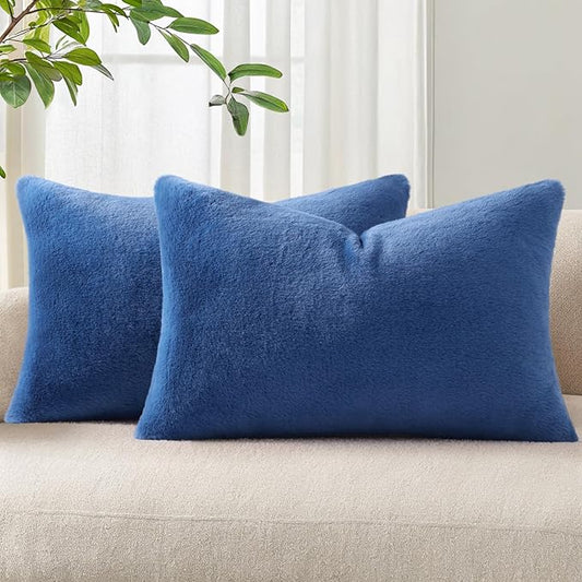 Pallene Faux Fur Plush Lumbar Throw Pillow Covers 12x20 Set of 2, Soft Fluffy Couch Pillow Covers for Living Room, Navy Blue
