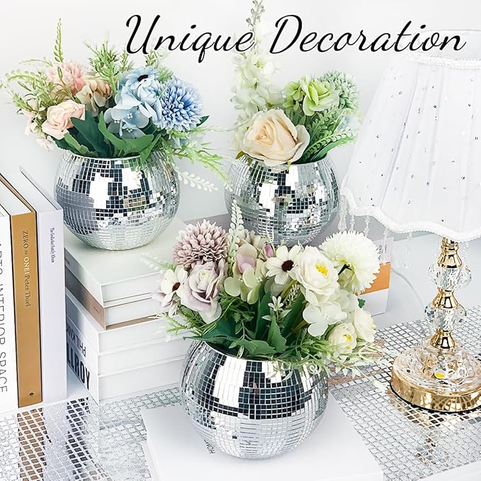 2 Pcs Disco Ball Vase,4.4 x 6 Inch Mirrored Disco Ball Planter,Disco Ball Candle Holders Perfect Disco Decorative Planters for Living Room Bedroom Dining Table Wedding Party Birthday