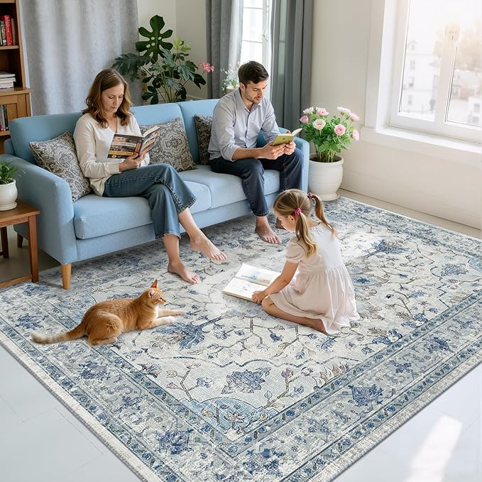 RELEANY Area Rugs 6'x9' Washable Non-Slip, Floral Vintage Distress Print Pattern Medallion Carpet for Living Room Bedroom Dining Room, Light Blue Navy Beige Gray White
