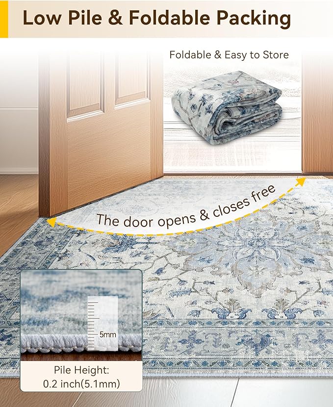 RELEANY Area Rugs 2'x8' Washable Non-Slip, Floral Vintage Distress Print Pattern Medallion Carpet for Living Room Bedroom Dining Room, Light Blue Navy Beige Gray White