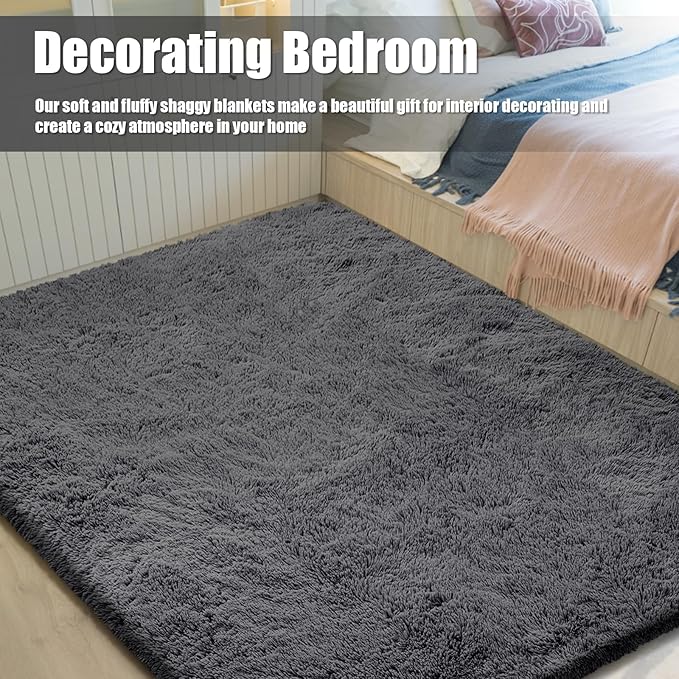 Shag Area Rug for Bedroom 3x5,Deep Grey Fluffy Area Rugs for Living Room,Soft Fuzzy Rug Non-Shedding Indoor Plush Carpet for Kids Bedroom Nursery Dorm Home Decor