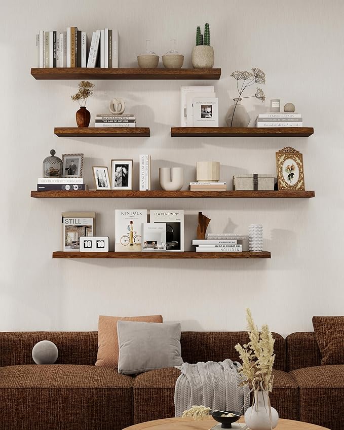 Axeman 48" Solid Wood Floating Shelves for Wall Decor, USA-Sourced Rustic Ash Wood Live Edge Shelf with Upgraded Heavy Invisible Bracket, Wall Mounted Shelf for Kitchen Bathroom Living Room, Walnut
