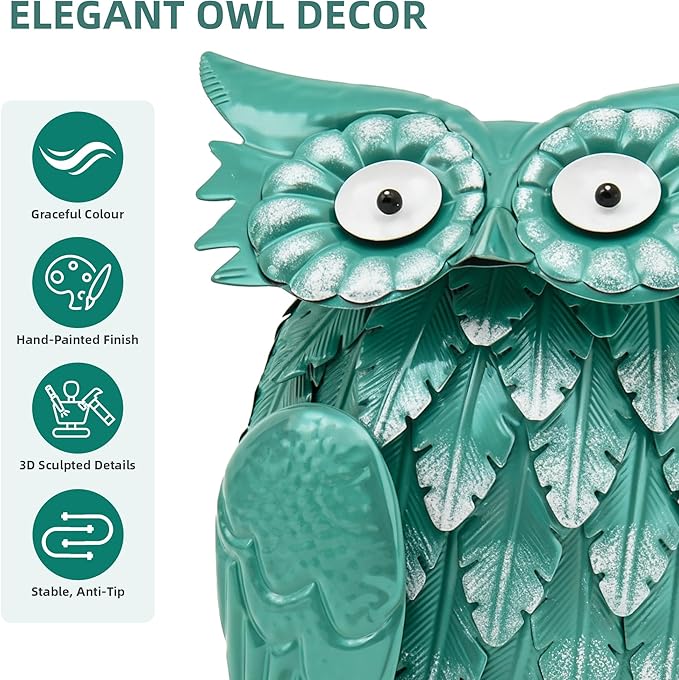 14" Metal Owl Statue - Handmade Cute Bird Sculpture for Yard & Garden Decor, Boho Home Accent for Shelf, Desk, Living Room, Bedroom, Office, Nice Gift for Bird Lovers
