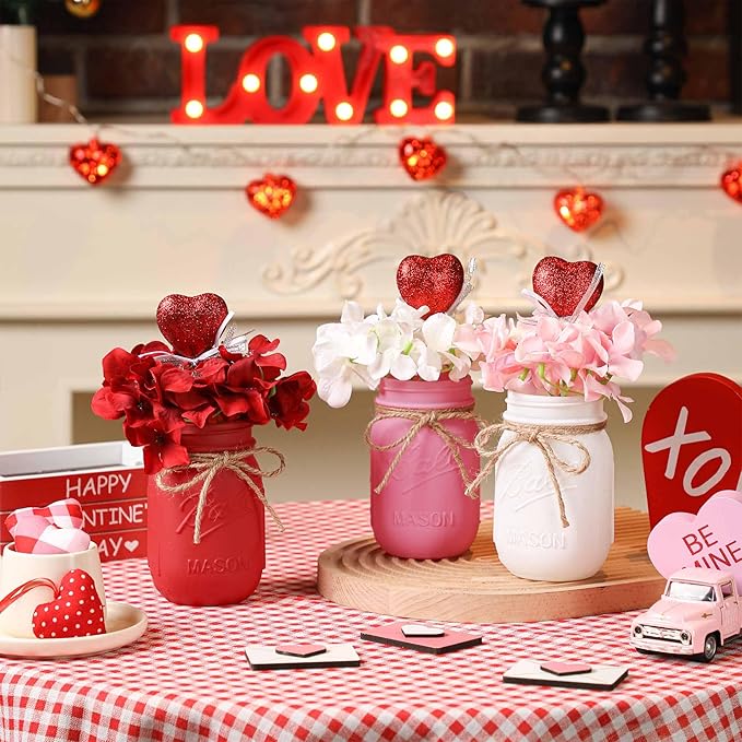 Valentines Anniversary Decor for Women, Red Decorative Mason Jars for Valentines Decorations and Wedding Table Decor, Valentines Gift for Women, Mothers Day Mason Jar