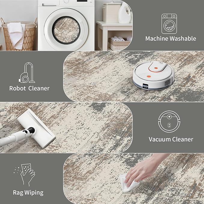 Ciicool 2x6 Washable Runner Rug, Modern Abstract Hallway Rugs Runner, Non-Slip Thin Accent Rug Lightweight Gray Brown Print Distressed Carpet for Laundry Entryway Bedroom Kitchen Bathroom Indoor