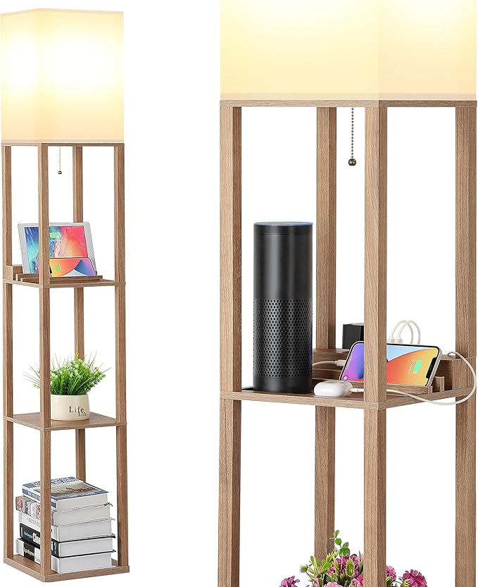 SHINE HAI Shelf Lamp, Modern Standing Light with 1 USB Port and 1 Type C Port and 1 Power Outlet, 3-Tiered Display Floor Lamps with Shelves for Living Room, Bedroom and Office - Wood