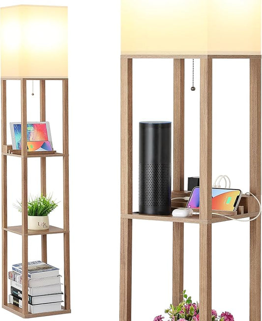 SHINE HAI Shelf Lamp, Modern Standing Light with 1 USB Port and 1 Type C Port and 1 Power Outlet, 3-Tiered Display Floor Lamps with Shelves for Living Room, Bedroom and Office - Wood