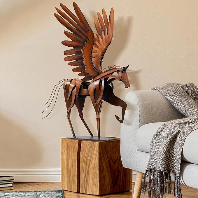 Horse Statue Décor Artwork, 24" H Handmade Metal Pegasus Greek Flying Horse Sculpture, Hand-Painted Animal Figurines for Home Living Room Office (Brown with Wings)