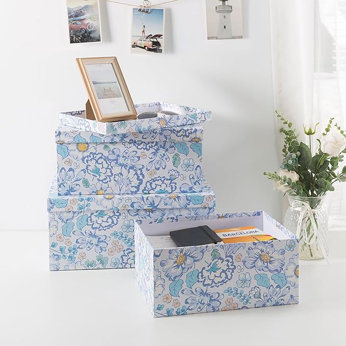 Soul & Lane Decorative Cardboard Storage Boxes For Home Décor, Sky Meadow, Set of 3: Floral Paperboard Nesting Storage With Lids, Memory Boxes For Keepsakes And Photos, Gift Set For Presents