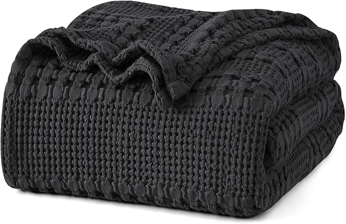 PHF 100% Cotton Waffle Weave Blanket King Size for Bed, Soft Lightweight & Breathable, All-Season Comfort, 300 GSM Luxury Aesthetic Blanket for Home Decor, 108"x90", Black
