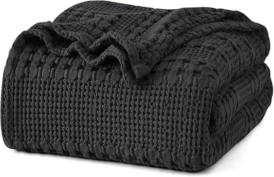 PHF 100% Cotton Waffle Weave Blanket Twin Size for Bed, Soft Lightweight & Breathable, All-Season Comfort, 300 GSM Luxury Aesthetic Blanket for Home Decor, 66"x90", Black