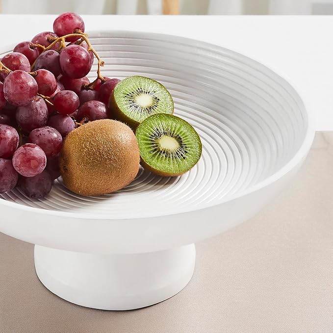 VHC Brands Ribbed White Wooden Fruit Bowl 5.5x12x12, Kitchen Decor, Decorative Wooden Pedestal Bowl, Perfect Centerpiece for Table, Island, or Counter