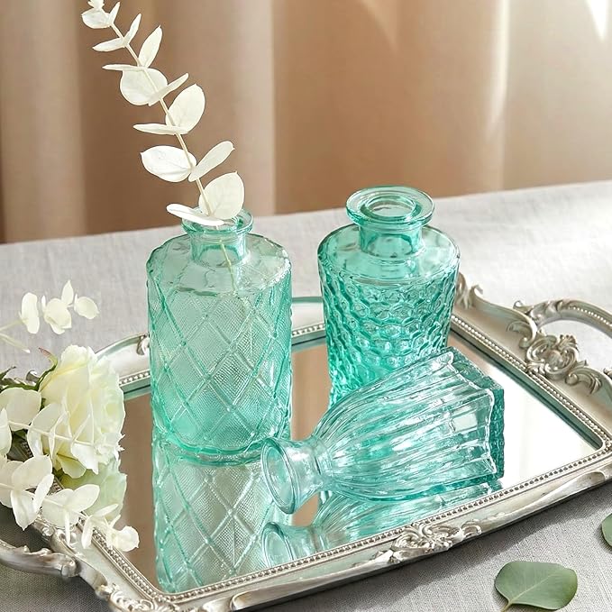 Set of 15 Green Colored Glass Bud Vases - Small Textured Flower Vases for Centerpieces, Wedding Table Decor, Retro Home Decor Bulk Vase Set for DIY, Events & Gifts