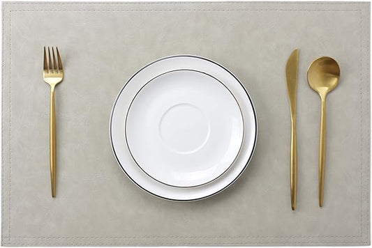 Waterproof PU Placemats, Faux Leather Dining Table Mat, Set of 4, Easy to Wipe Off Scrub Vinyl Mat, Heat & Stain Resistant for Office Conference Table, Home Decor G Parchment White