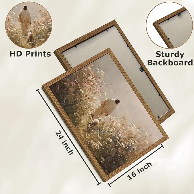 Framed Jesus Leaves the 99 Sheep Canvas Wall Art, Christian Canvas Wall Decor, The Lost Sheep Posters Prints Home Decor for Living Room Bedroom Church Prayer 16x24 inch