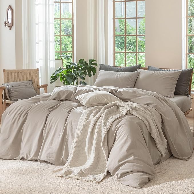 MooMee Bedding Duvet Cover Set 100% Washed Cotton Linen Like Textured Breathable Durable Soft Comfy (Solid Light Tan, Cal King 104"x98")