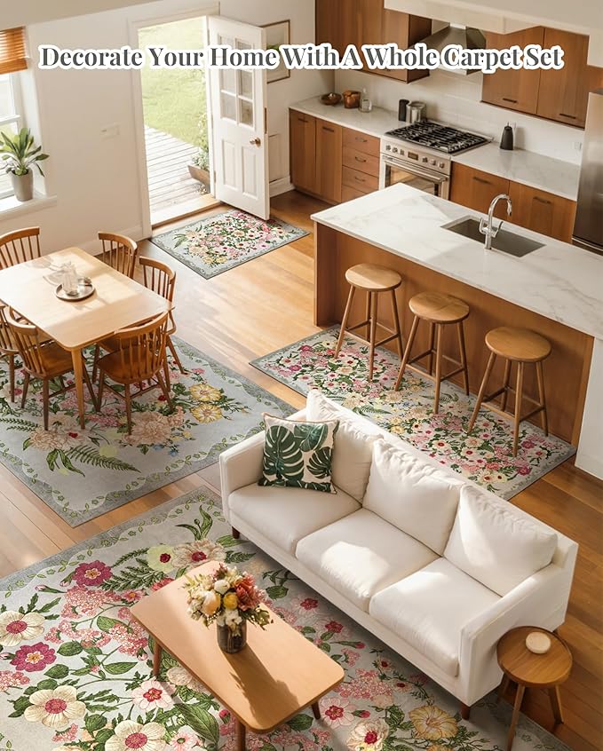 AREAMAY Floral Washable 5x7 Area Rugs - Living Room Rug Non Slip Low Pile Stain Resistant Carpets Indoor Vintage Flower Print Rug for Bedroom Dining Room Kitchen Home Office, Grey