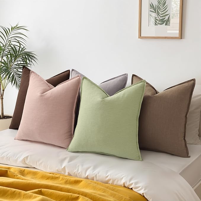 decorUhome Spring Decorative Linen Euro Sham Throw Pillow Covers 24x24 Inch Set of 2 Khaki Brown Pillow Covers with Flange Edges Soft Farmhouse Boho Accent Pillow Cases for Couch Bed Living Room